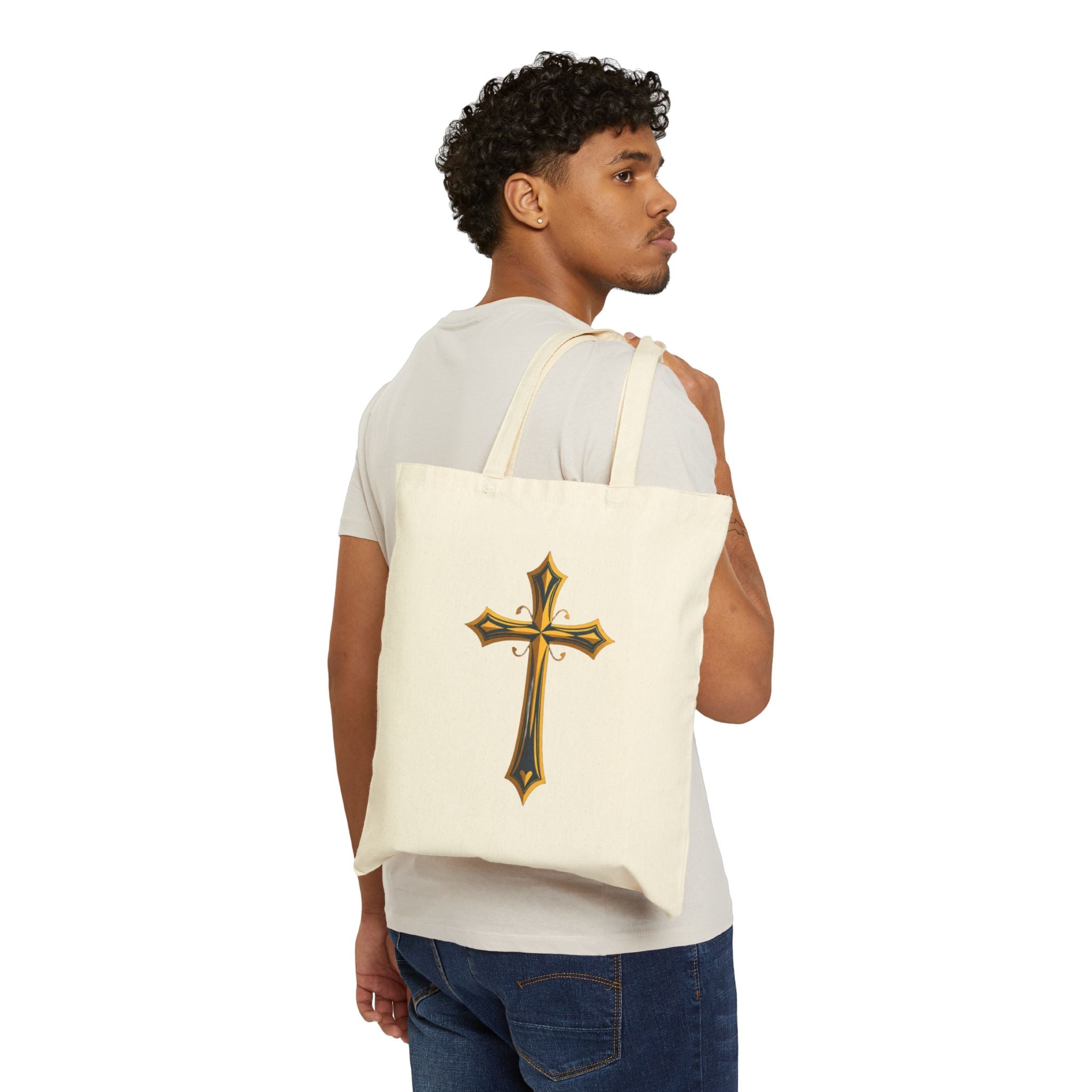 Cotton Tote Bag - 'Free Prayer' Script & Gold Cross Faith Tote