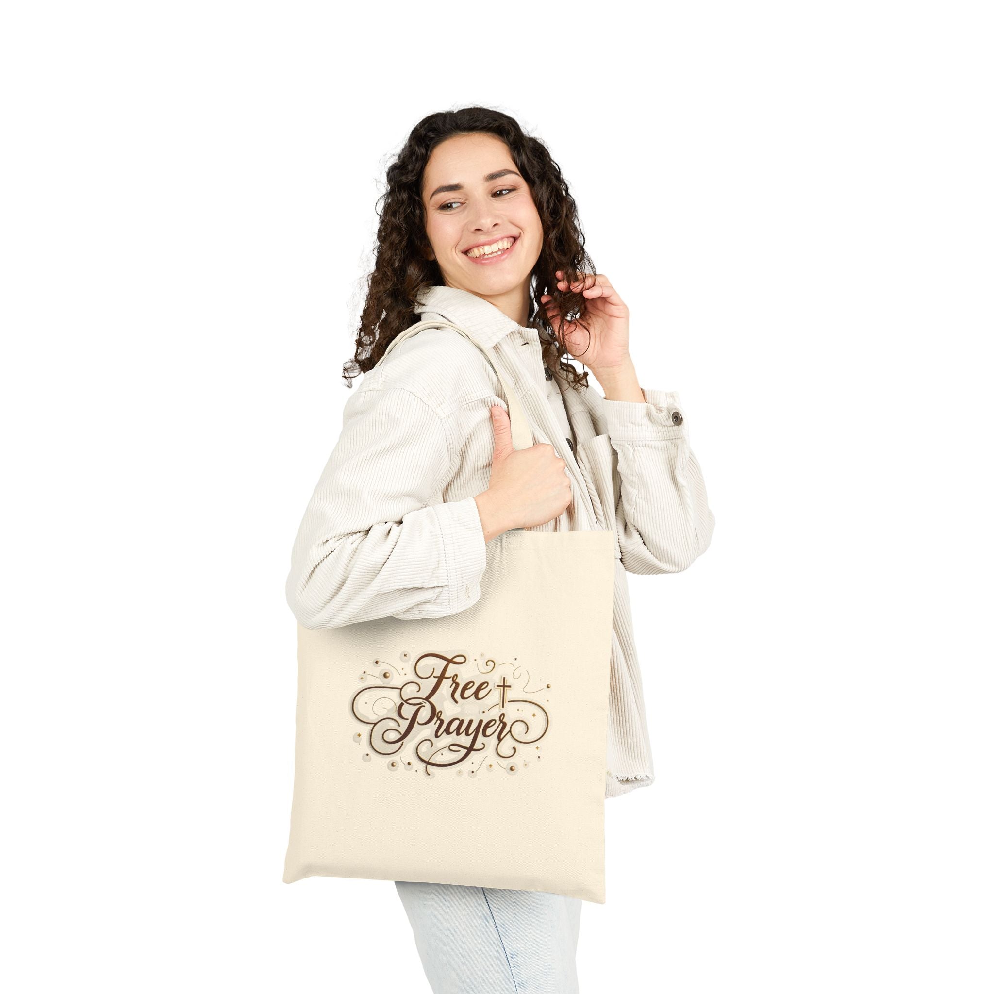 Cotton Tote Bag - 'Free Prayer' Script & Gold Cross Faith Tote