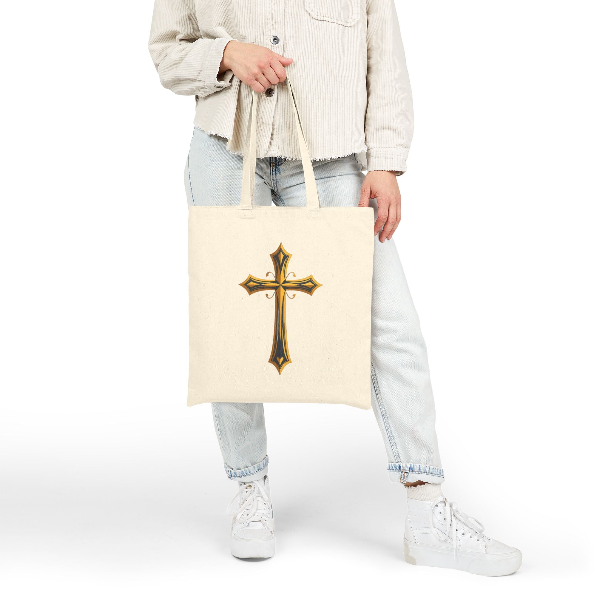 Cotton Tote Bag - 'Free Prayer' Script & Gold Cross Faith Tote